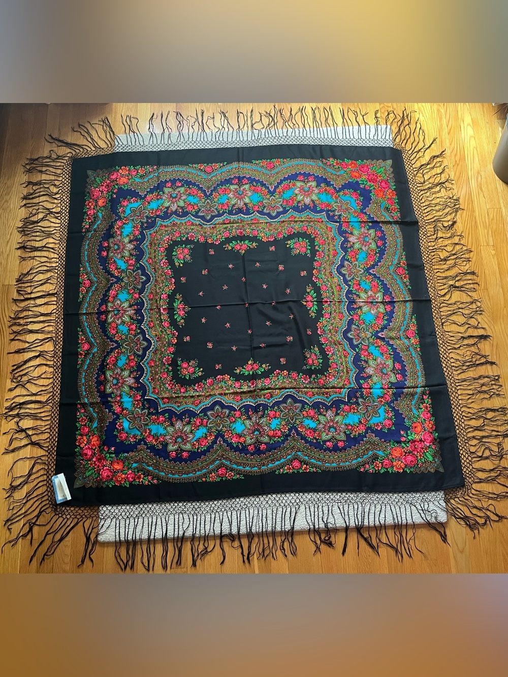 Pavlovo Posad Vintage USSR Wool Shawl Scarf 148x148 cm Turquoise Blue Floral NWT